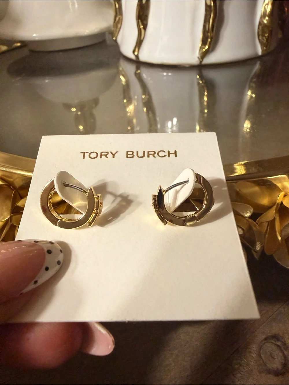 Tory Burch Polished Gold Logo Hoop Huggie Earrings